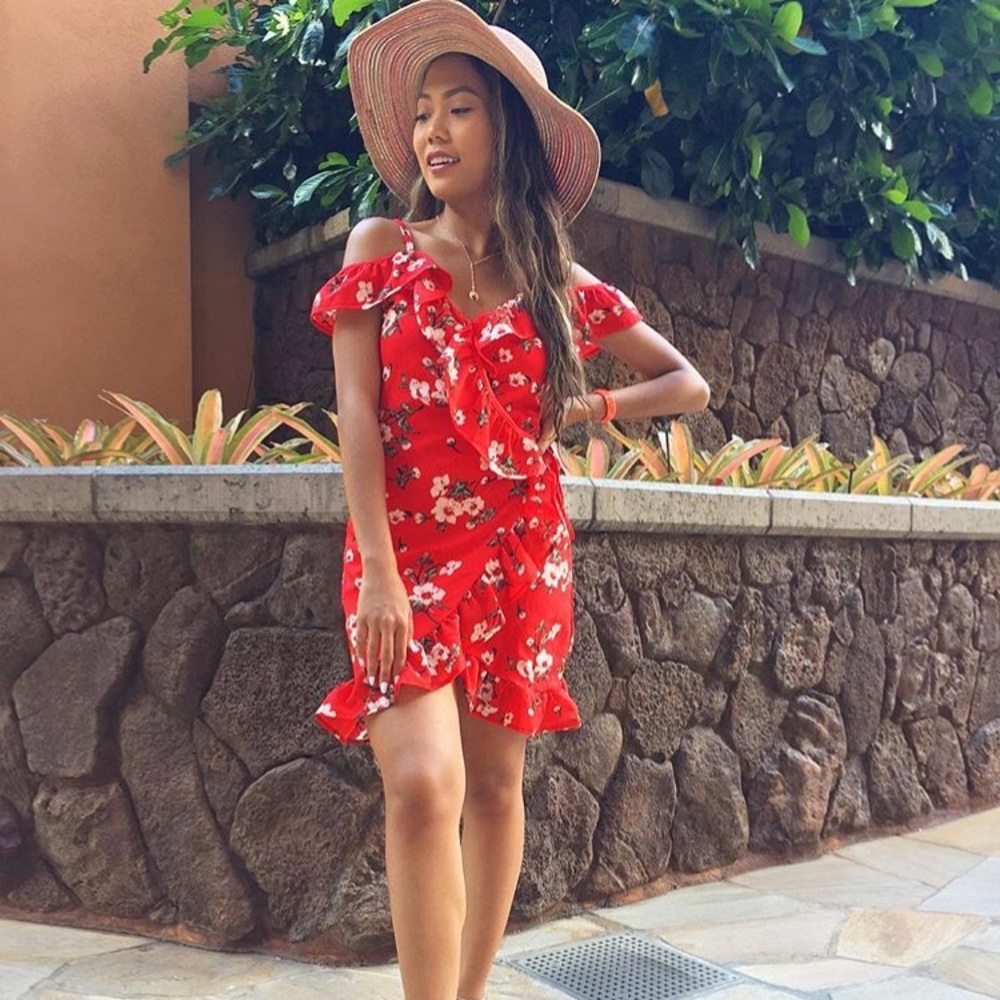 Red floral wrap dress